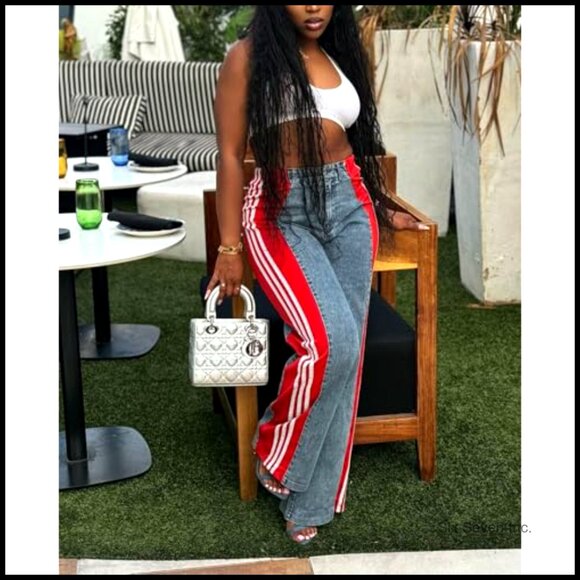 High Waisted Wide Leg Patchwork Stretch Jeans Y2K Retro Loose Fit - Picture 3 of 7